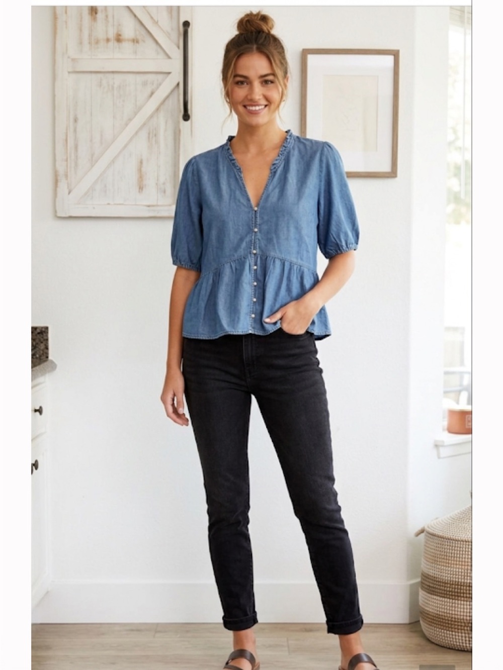 Frye Blue Peplum Button-Front Women's Blouse ptp 21 nwt